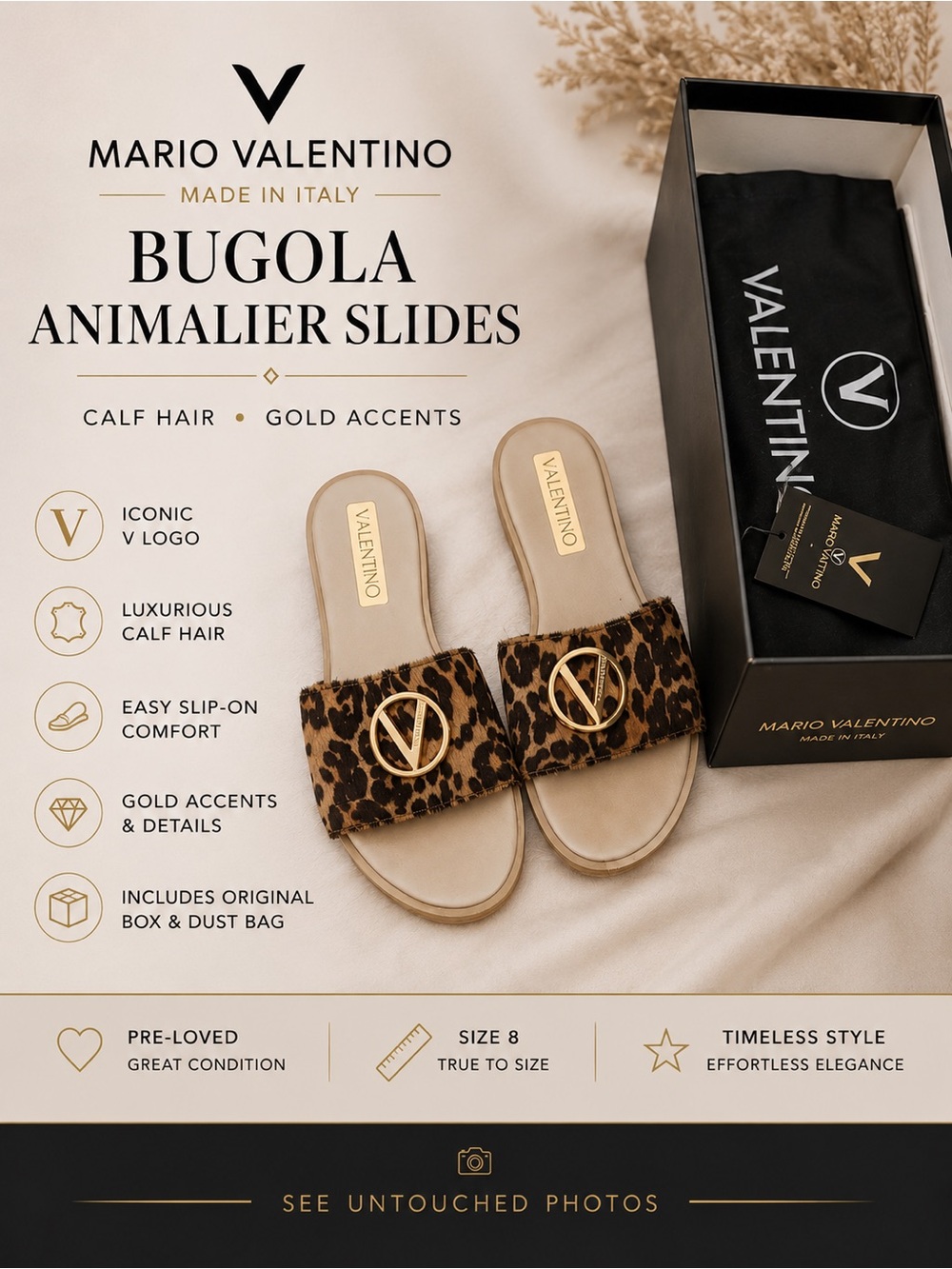 Valentino Bugola Animalier size 8 slides 
Calf hair , Gold accents